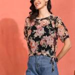 Yash Gallery Women's Chiffon Floral Printed Round Neck Short Sleeve Top