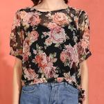 Yash Gallery Women's Chiffon Floral Printed Round Neck Short Sleeve Top